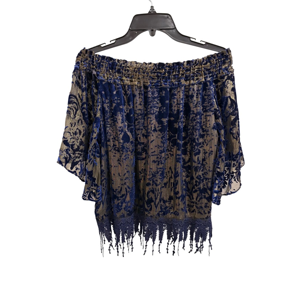 Off Shoulder Top Velvet Boho Elie Tahari Womens S Blue Gold Metallic Lace Tassel